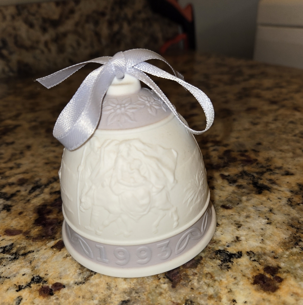 Lladro 1993 Commemorative Ceramic Bell Ornament - White with Pale Lavender Trim